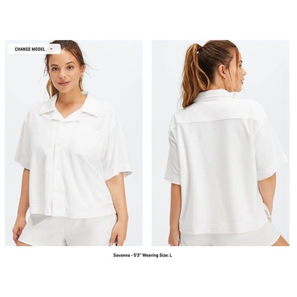 FABLETICS Island White Terry Boxy Cut Top collared button down oversized NWT S